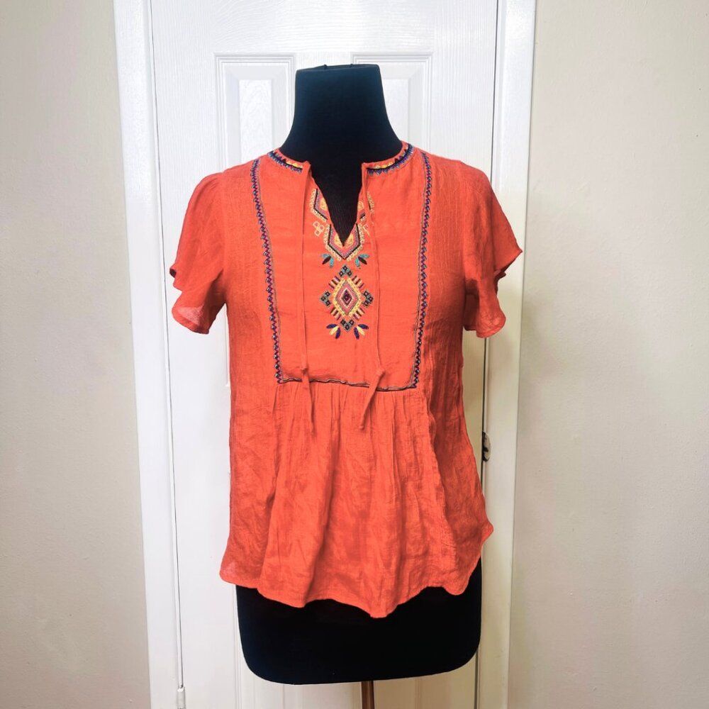 Anthropologie Zac & Rachel Burnt Orange Embroidered Women's Short Sleeve Top